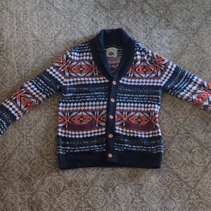 Men's Navy Red Orange Fair Isle Patterned Cardigan, Medium